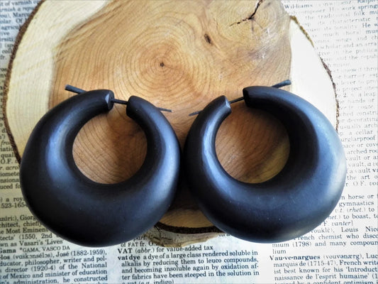 Massive Black Wood Hoops Earrings Tribal