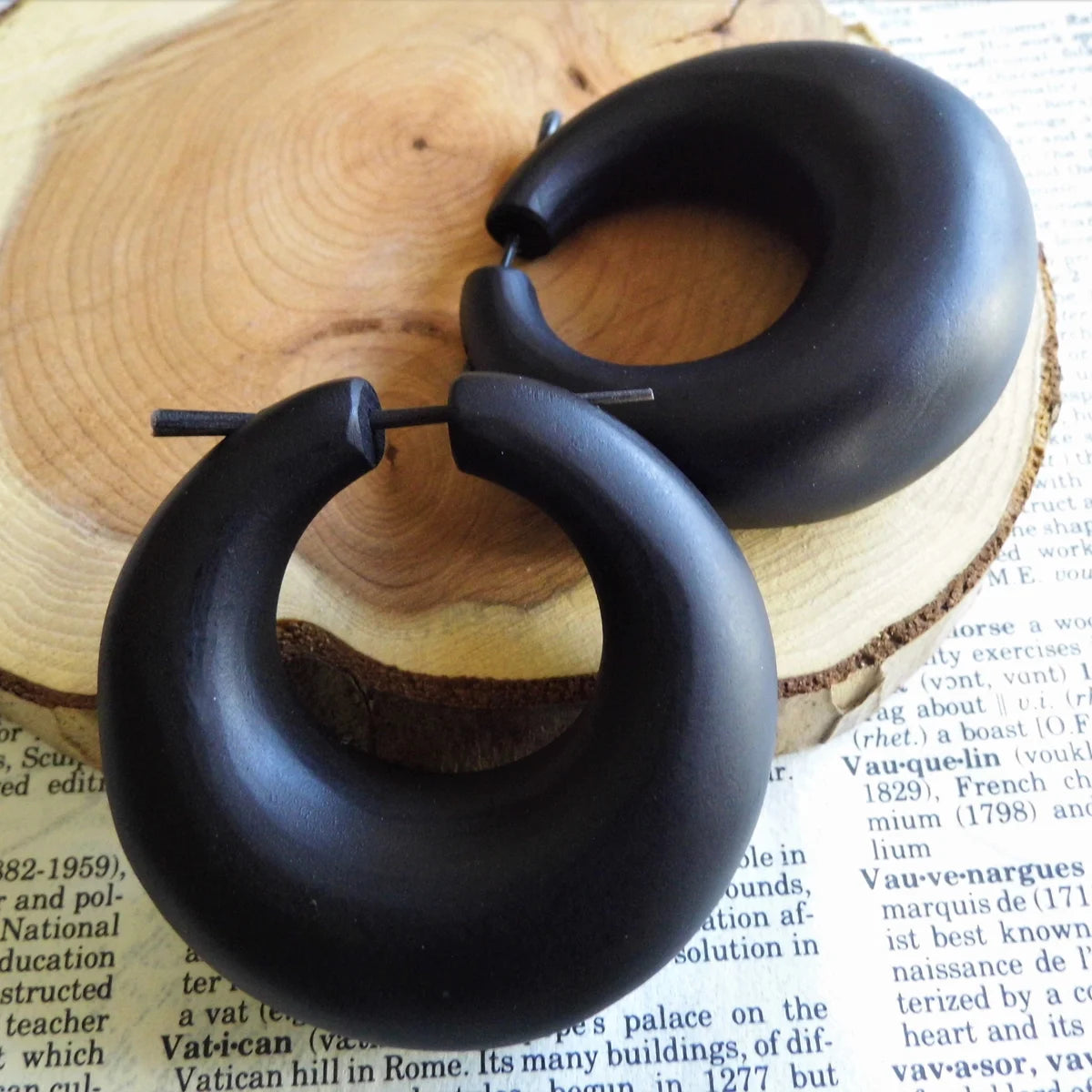 Massive Black Wood Hoops Earrings Tribal