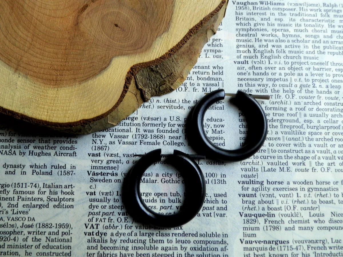 Womens Black Wood Medium Hoop Earrings