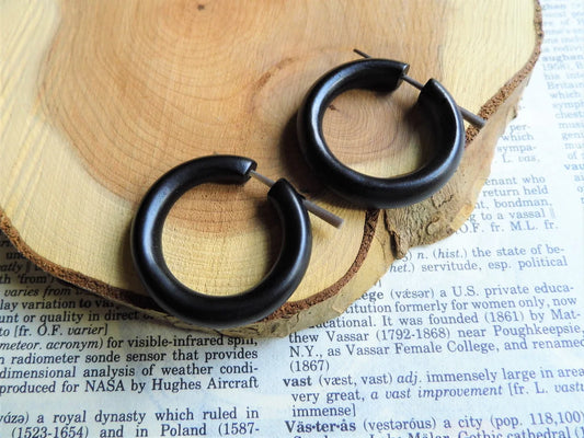 Womens Black Wood Medium Hoop Earrings