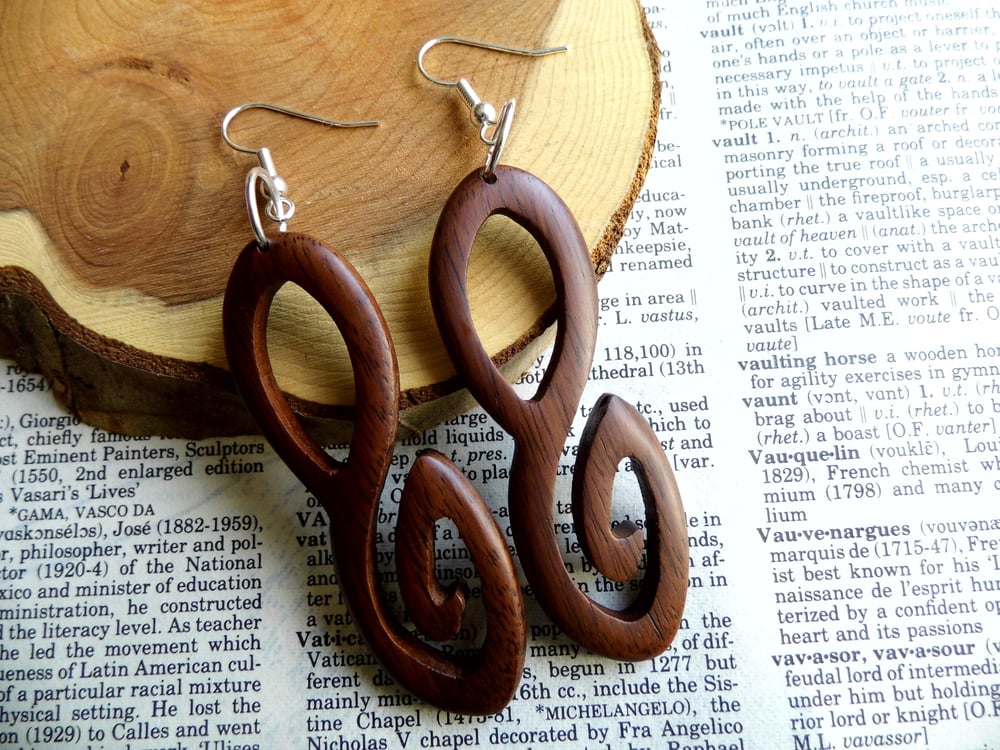 Long Large Wood Dangle Drop Hoop Earrings Silver