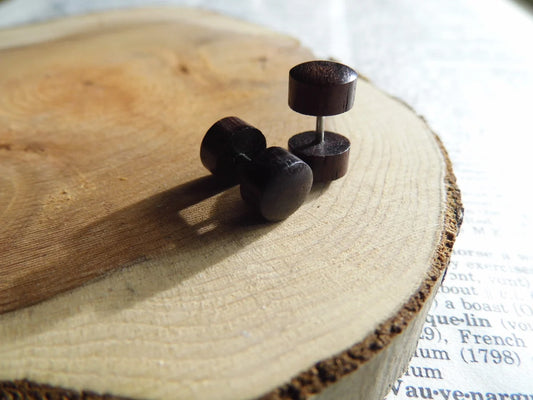 Deep Brown Wood Faux Plugs Gauges Earrings