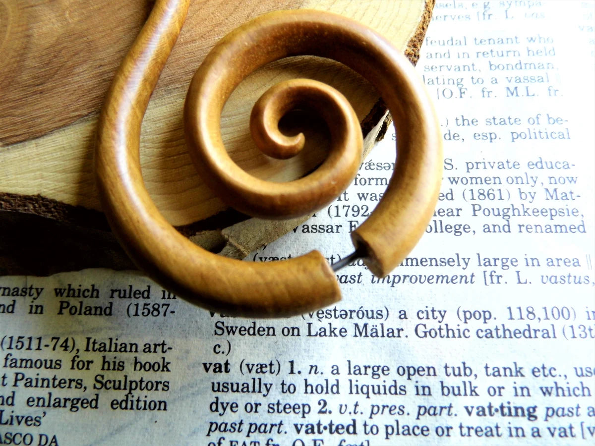 Large Light Wood Spiral Earring Hoop Faux Gauge