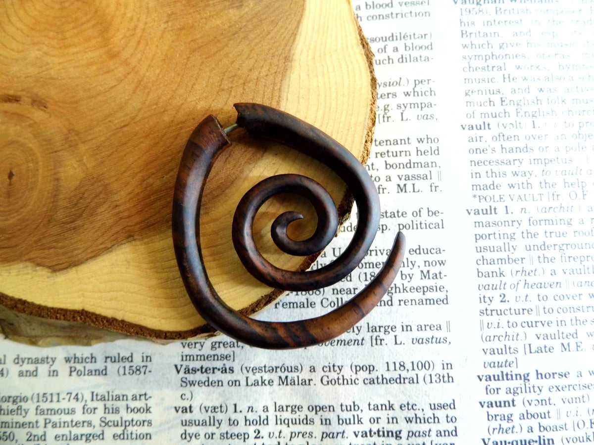 Large Spiral Wood Earring Faux Gauge