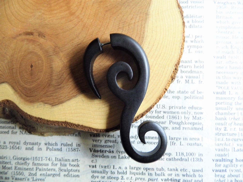 Long Black Wooden Faux Gauge Taper Earring