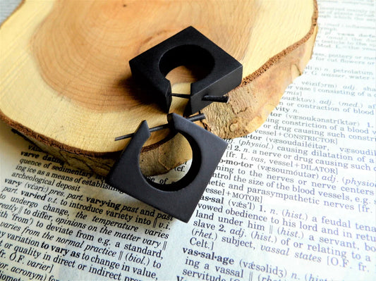 Black Wood Square Cube Hoop Earrings
