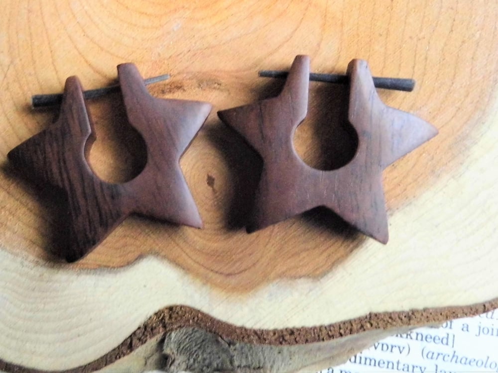 Star Earrings Wood Hoop Round Deep Brown