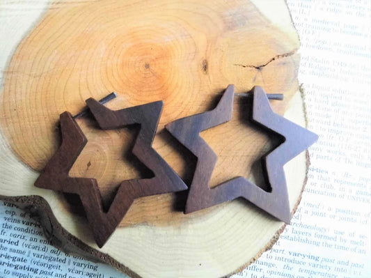 Star Earrings Large Round Brown Wooden Hoops