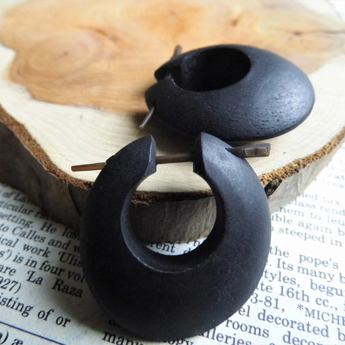Matt Black Wooden Hoops Earrings