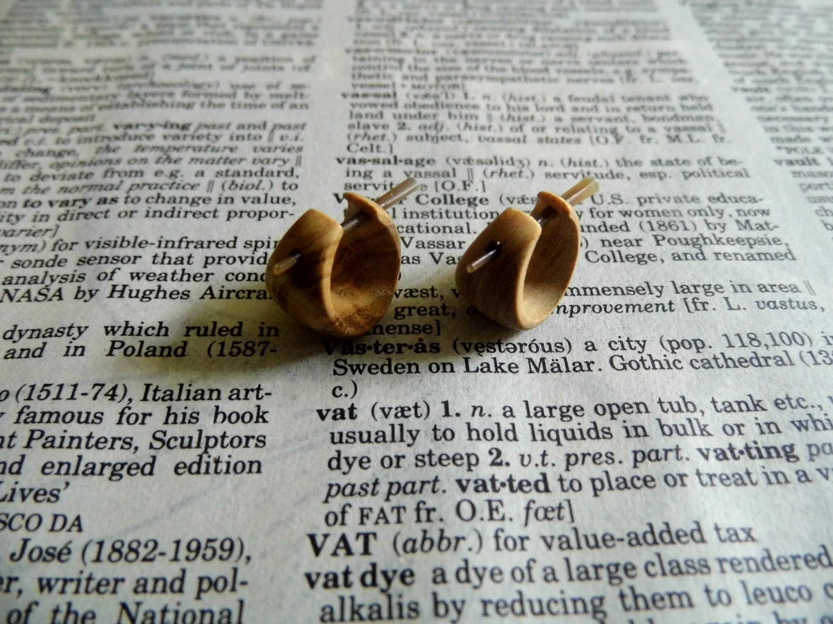 Small Wooden Huggies Earrings Grained Olive Wood