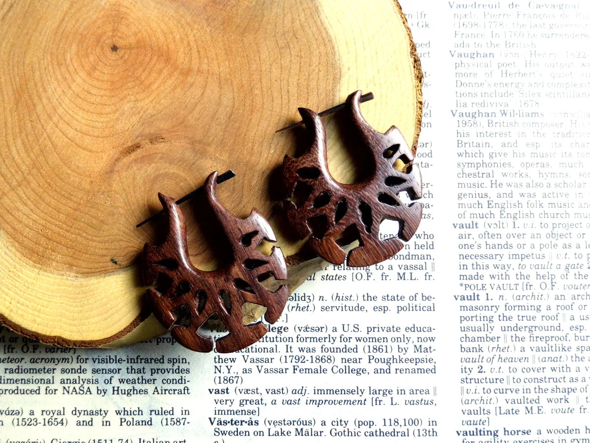 Small Carved Rustic Tribal Wood Hoops