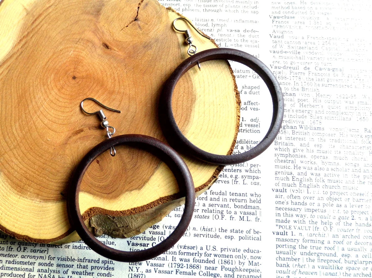 Large Brown Hoops Wood Earrings Drop Dangle Silver