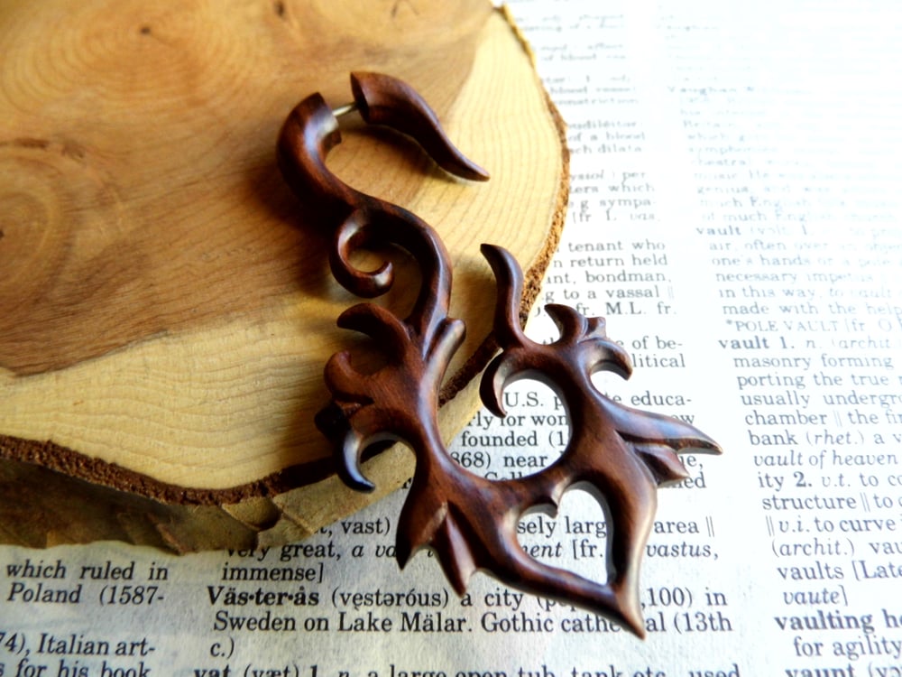 Extra Large Wood Earring Faux Gauge Heart Spiral