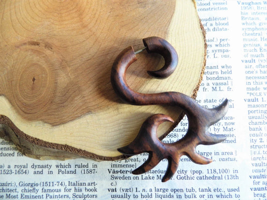 Large Fire Flare Wood Earring Faux Expander