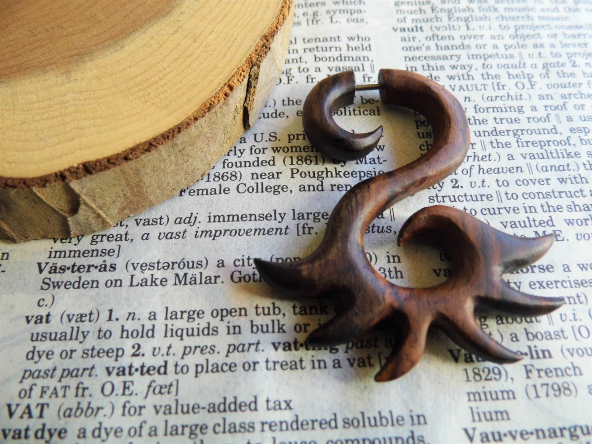 Large Fire Flare Wood Earring Faux Expander