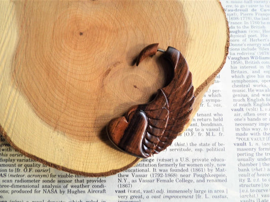 Organic Wood Earring Heart Wings Wearable Art