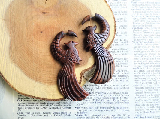 Large Organic Wood Earring Birds Wings Wearable Art