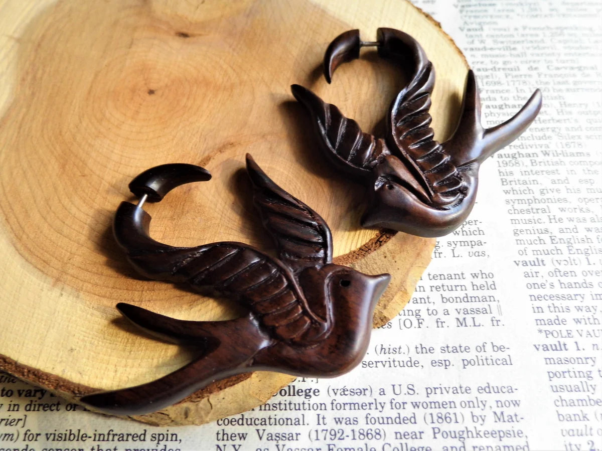 Organic Wood Earring Swallow Tattoo Wearable Art