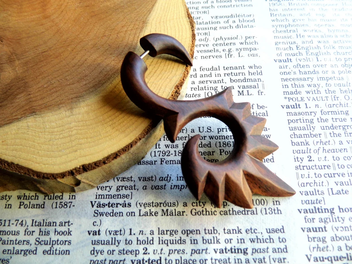 Large Faux Gauge Wooden Earring Tribal Fire Flare