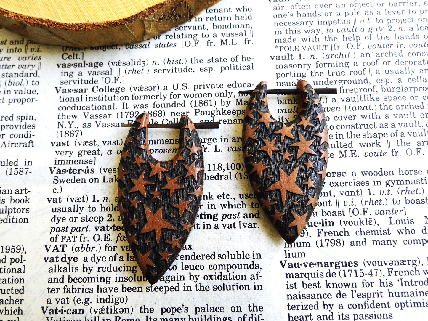Organic Wood Earrings Unisex Engraved Stars