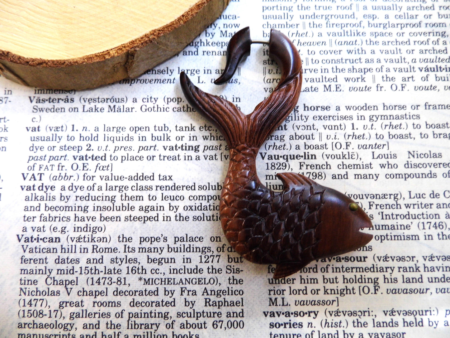 Pair Large Organic Wood Earring Fish Pisces Wearable Art