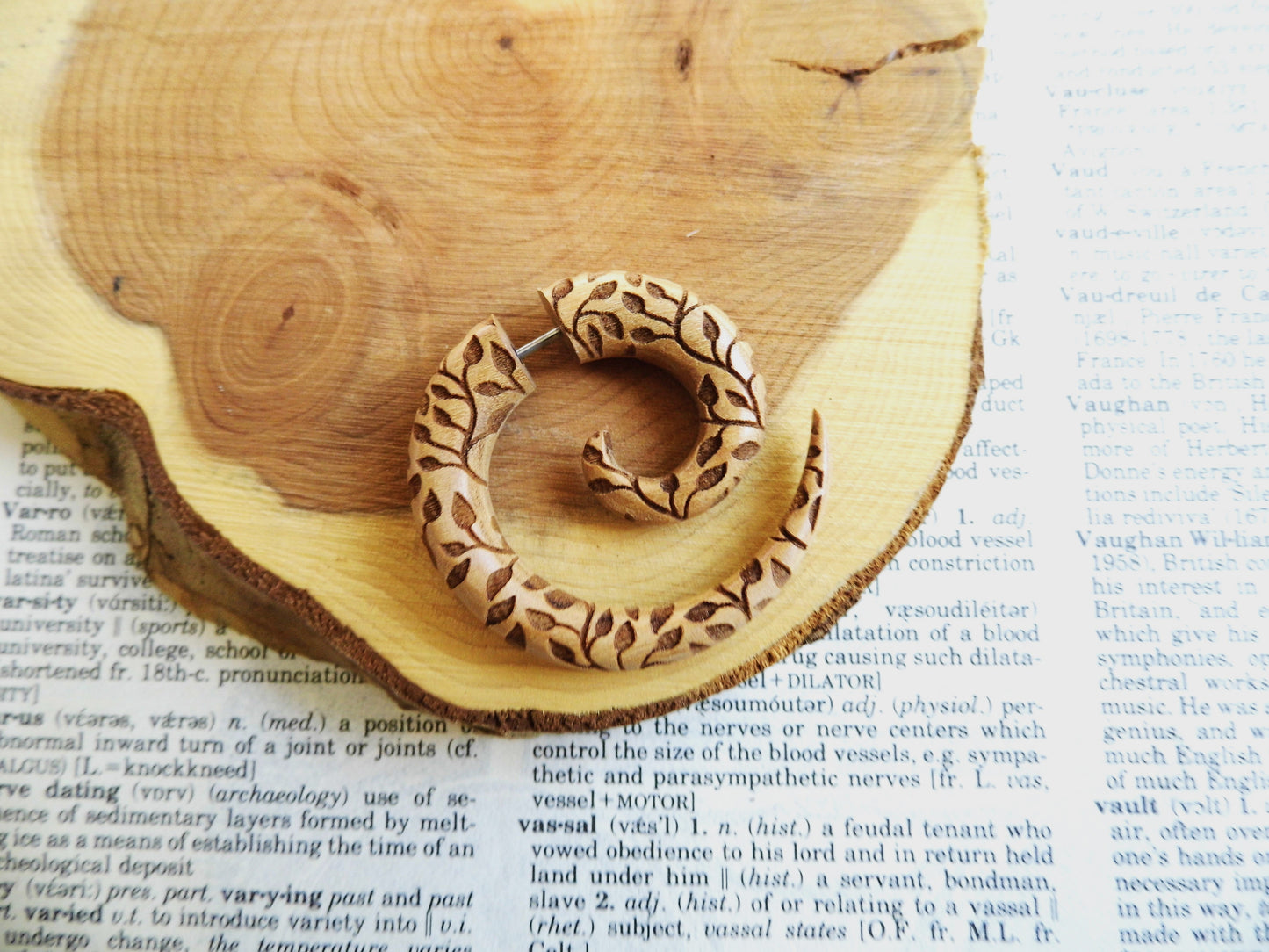 Large Leaves Carved Olive Wood Spiral Earring Faux Gauge