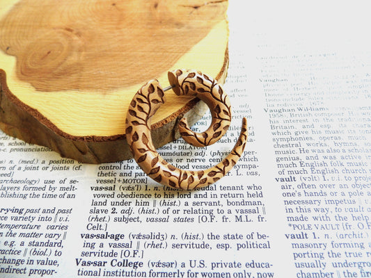 Large Leaves Carved Olive Wood Spiral Earring Faux Gauge