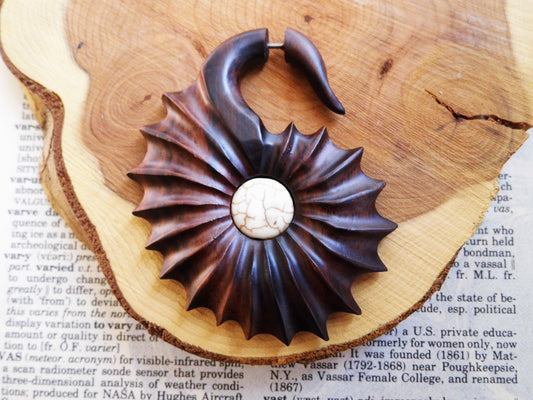 Large Unisex Organic Wood Earring Carved Fan