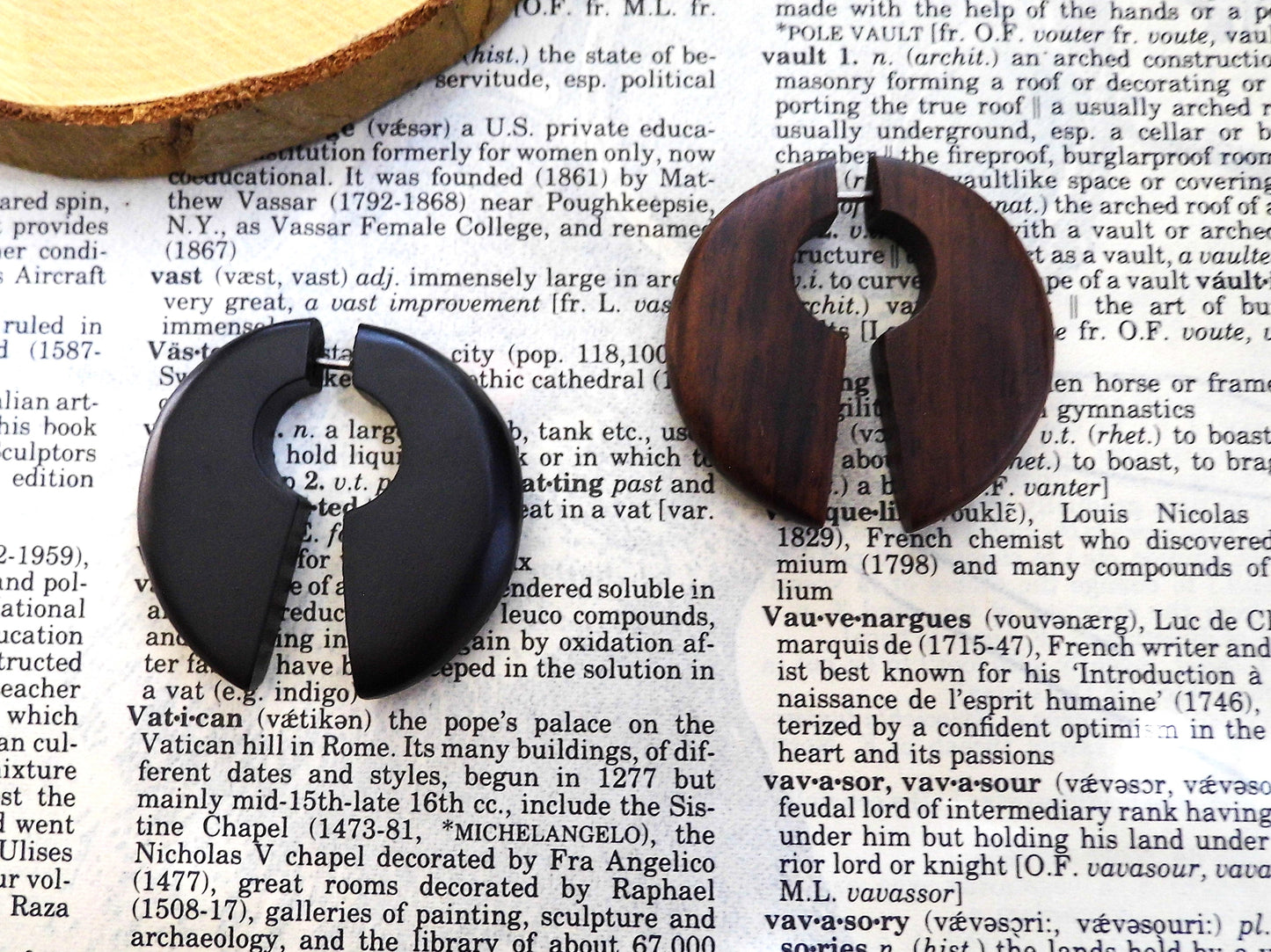Wood Organic Earring Unisex Hook Faux Gauge Crescent