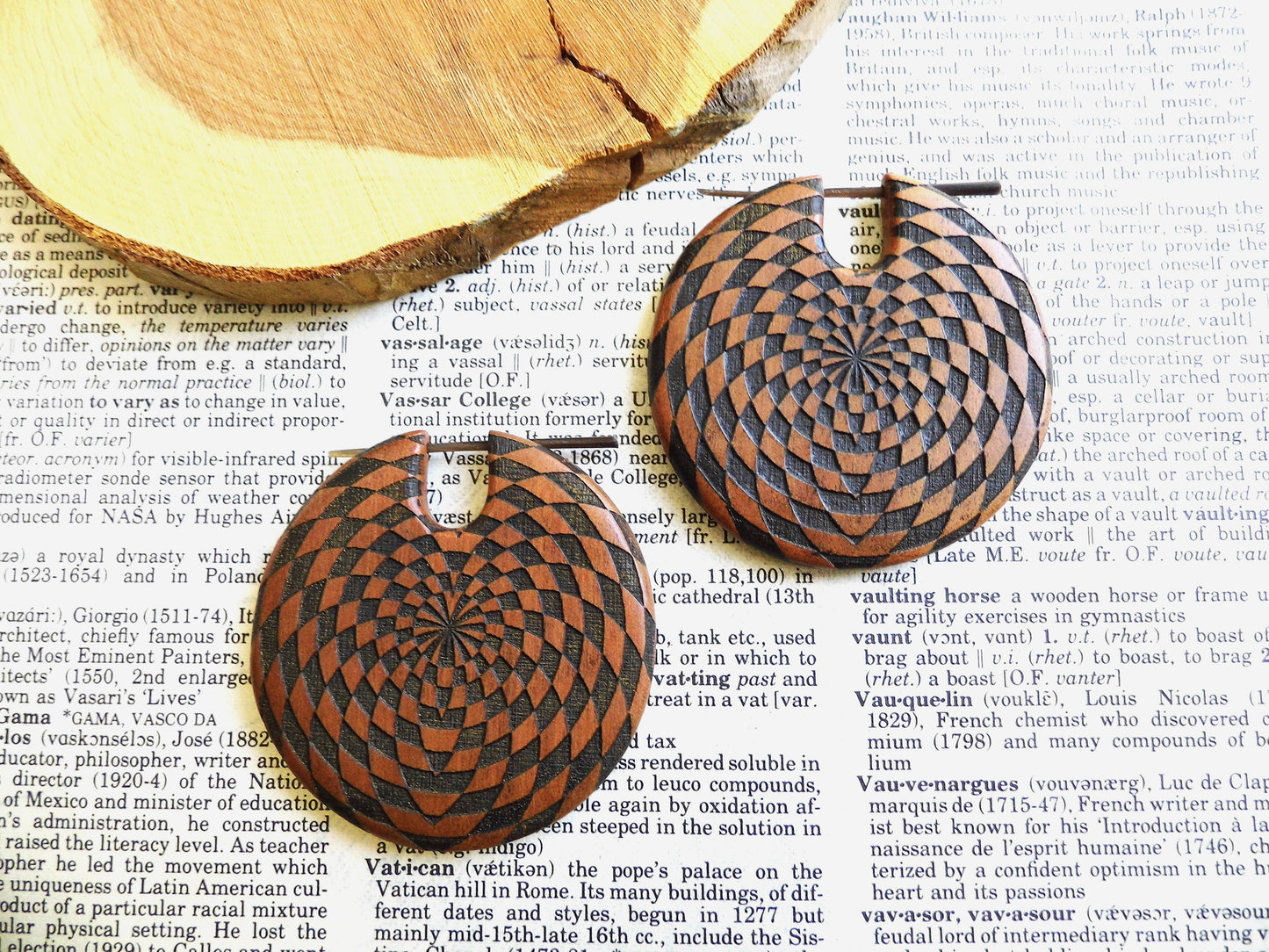 Huge Wood Organic Earrings Unisex Checkered