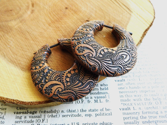 Womens Small Stunning Carved Organic Wooden Earrings