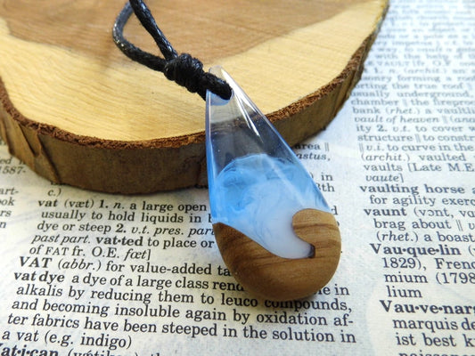 Wooden Pendant Blue Epoxy Resin Pendant Necklace