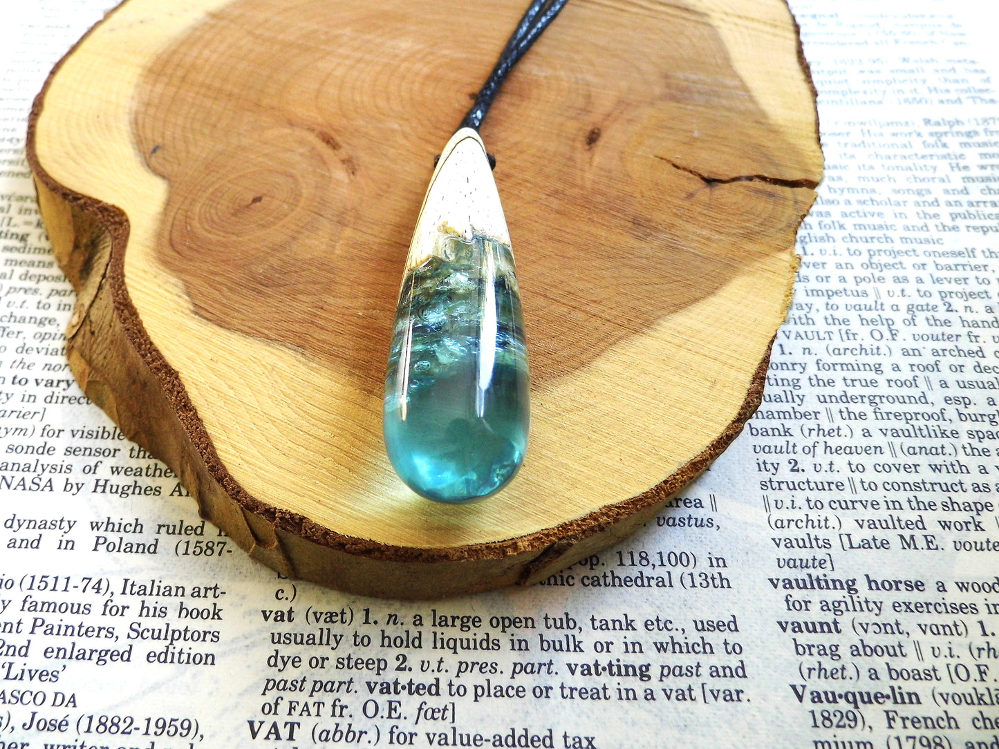 Wooden Pendant Blue Green Epoxy Resin Pendant Necklace