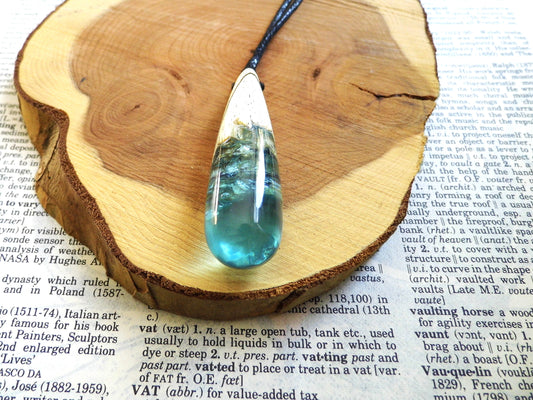 Wooden Pendant Blue Green Epoxy Resin Pendant Necklace