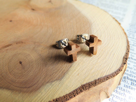 Tiny Light Wood Cross Crucifix Studs Earrings