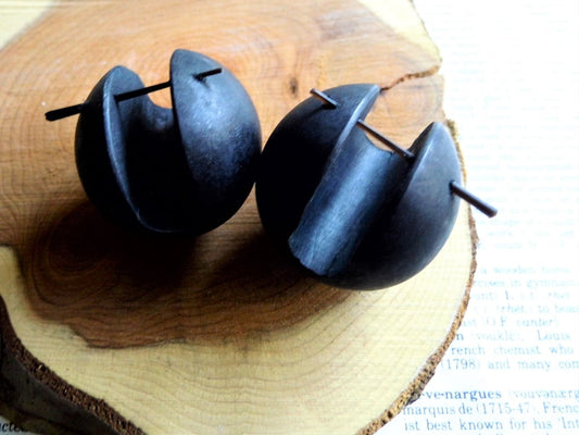 Huge Wood Huggie Hoop Black Sphere Extra Large