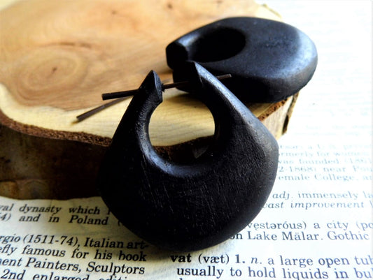 Large Black Wood Hoops Earrings Tribal Triangle