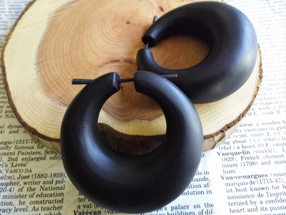 Massive Black Wood Hoops Earrings Tribal