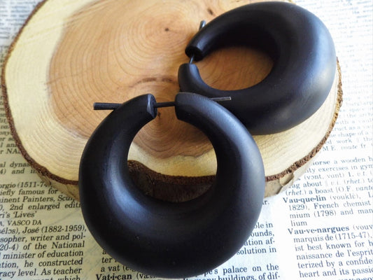 Massive Black Wood Hoops Earrings Tribal