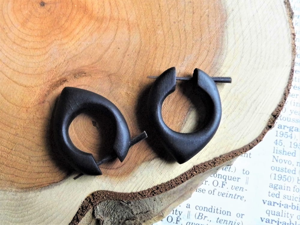 Black Earrings Wooden Hoop Huggies Arrowhead