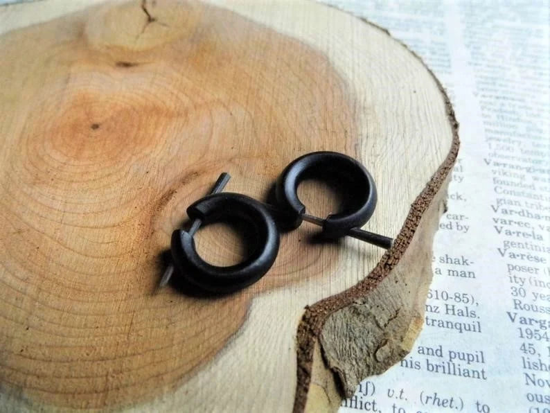 Black Wooden Hoops Huggies Earrings Sleeper