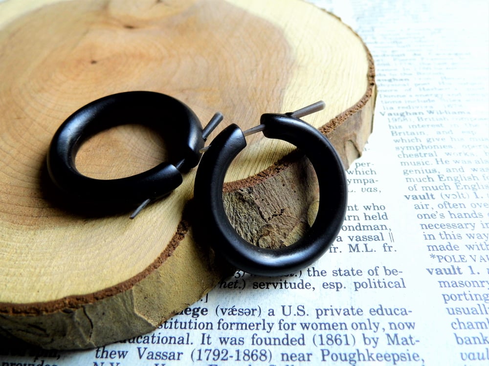 Womens Black Wood Medium Hoop Earrings