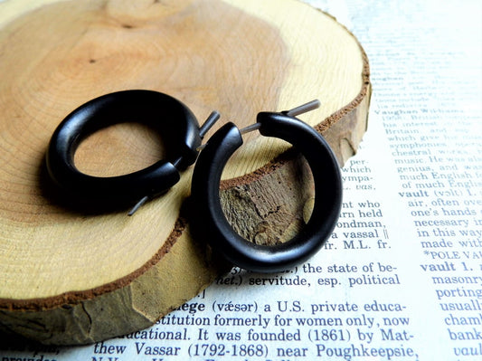Womens Black Wood Medium Hoop Earrings