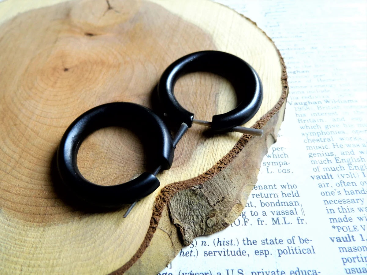 Womens Black Wood Medium Hoop Earrings