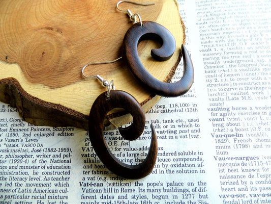 Wood Earrings Drop Dangle Silver Spiral Hoop