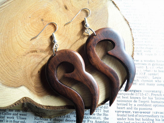 Wooden Dangle Drop Earrings Teardrop Silver
