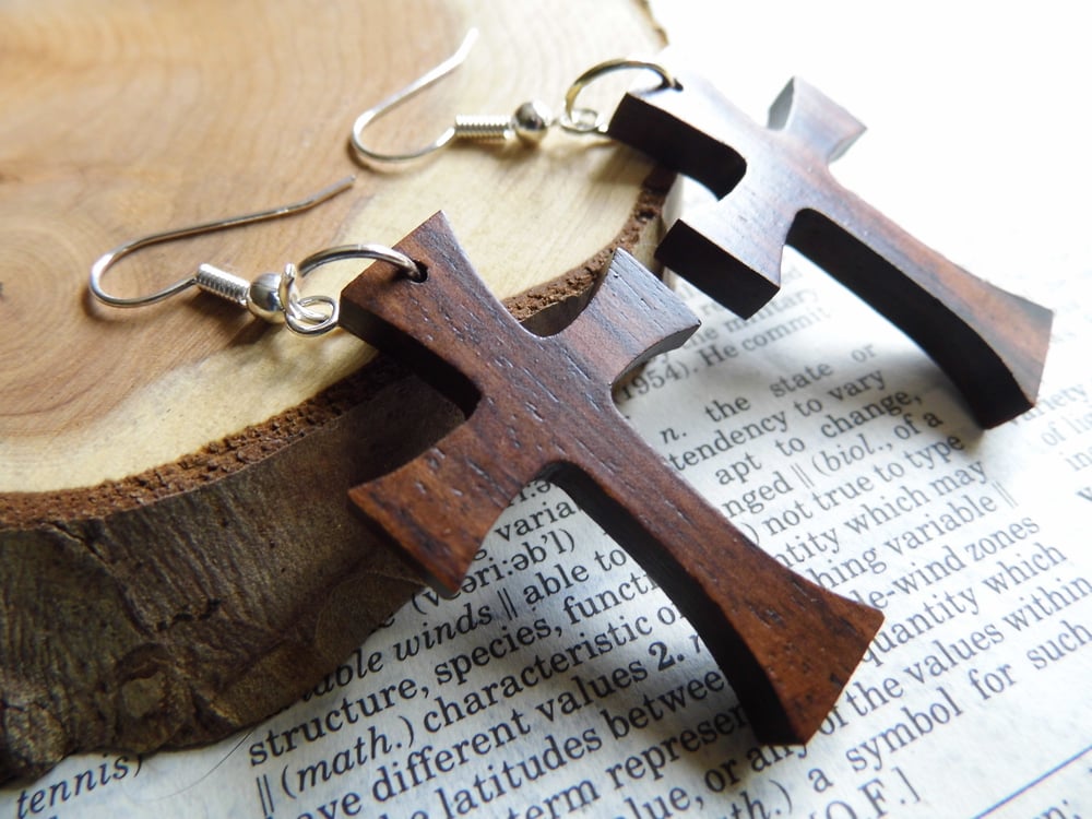 Wooden Drop Earrings Silver Cross Crucifix