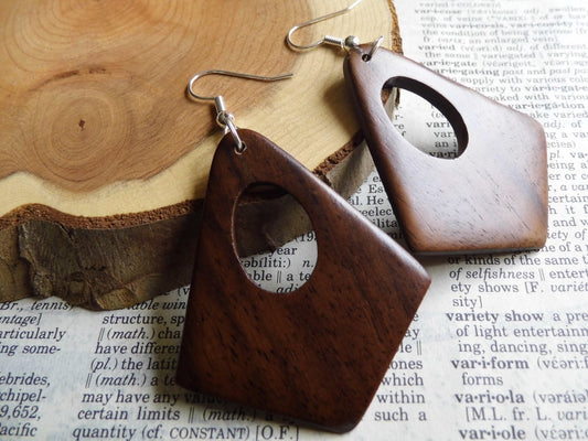 Wood Dangle Drop Hoop Earrings Silver