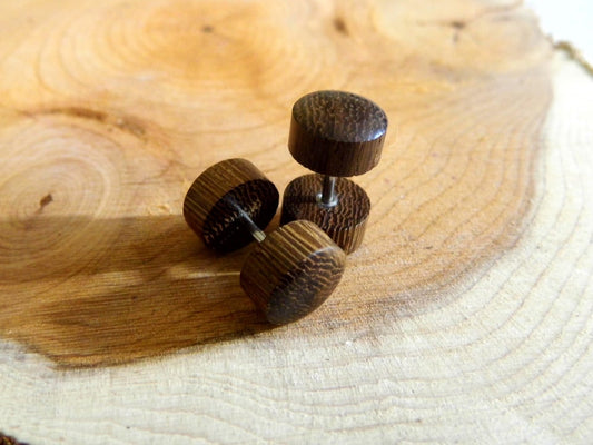 Pair of Brown Wood Earring Stud Faux Plugs