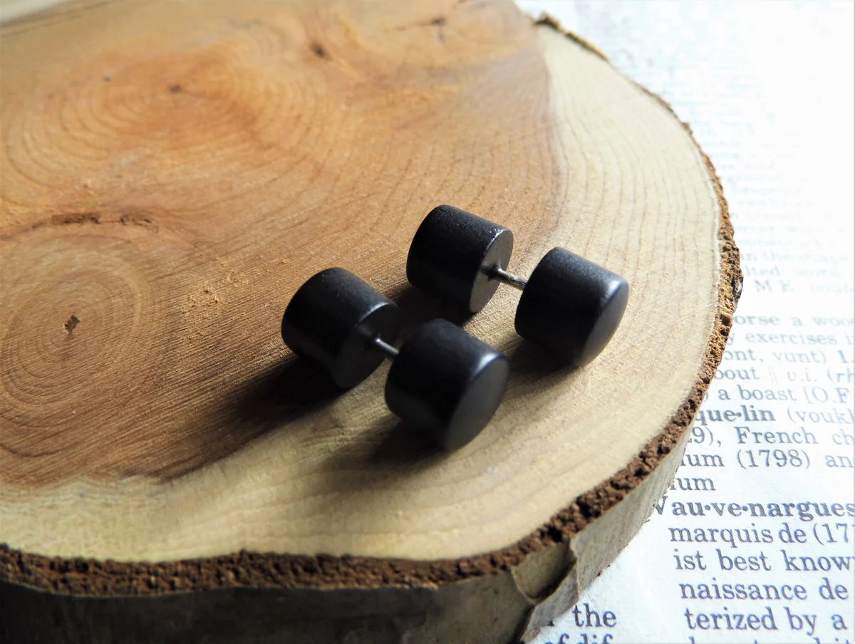 Black Studs Wood Faux Plugs Gauges Earrings